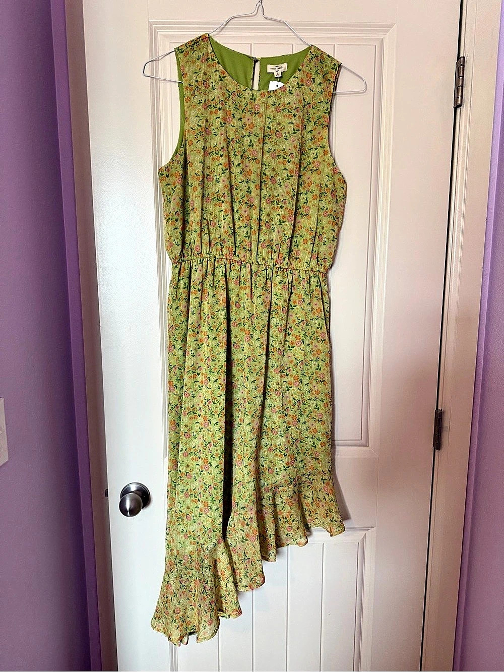 Mason & Belle Madelyn Halter Neck Asymmetrical Hem Dress Green & Orange Medium